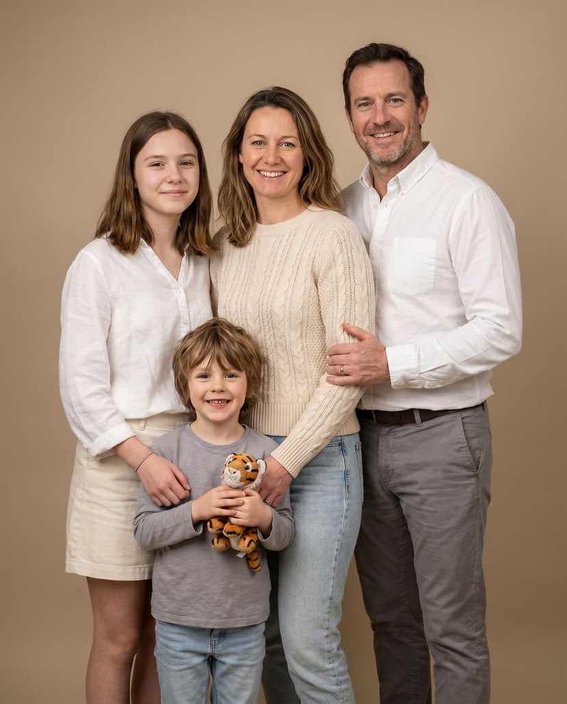 AI family photoshoot result — studio portrait of a family of four