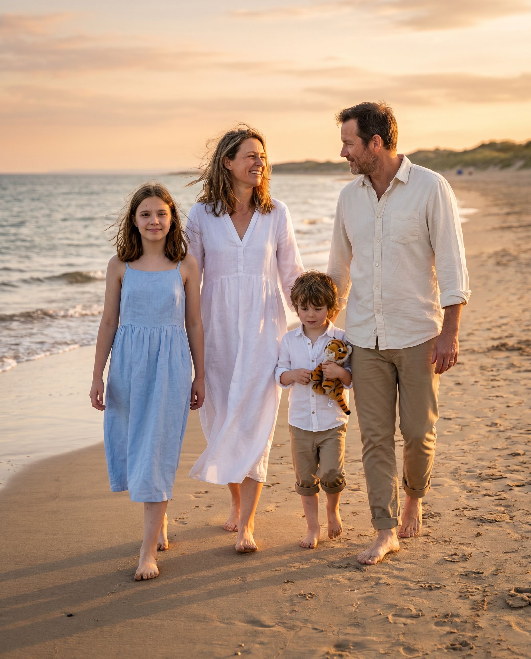 AI beach family photoshoot at golden hour
